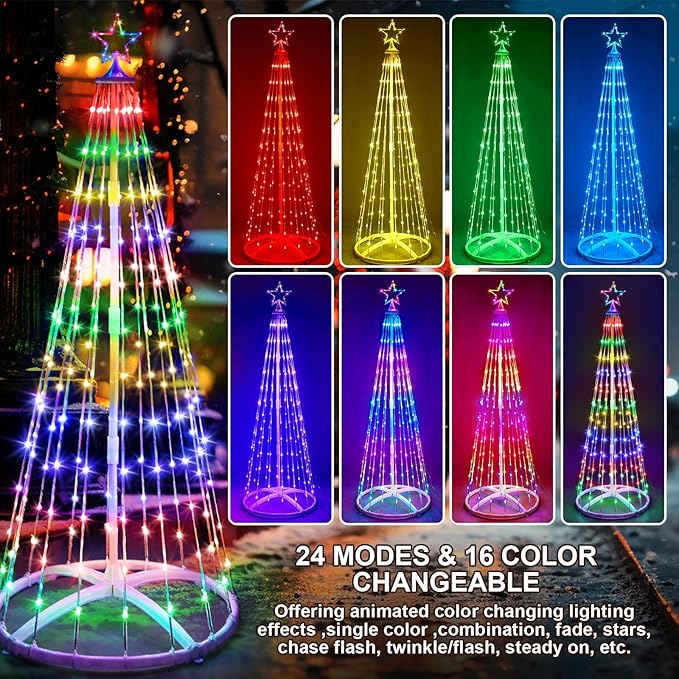 3 Pack 6/7/8FT Christmas LED Cone Tree Lights 24 Modes Color Changing with Timer Foldable Lighted Trees Waterproof Outdoor String Lights Holiday for Christmas New Year Xmas Decorations