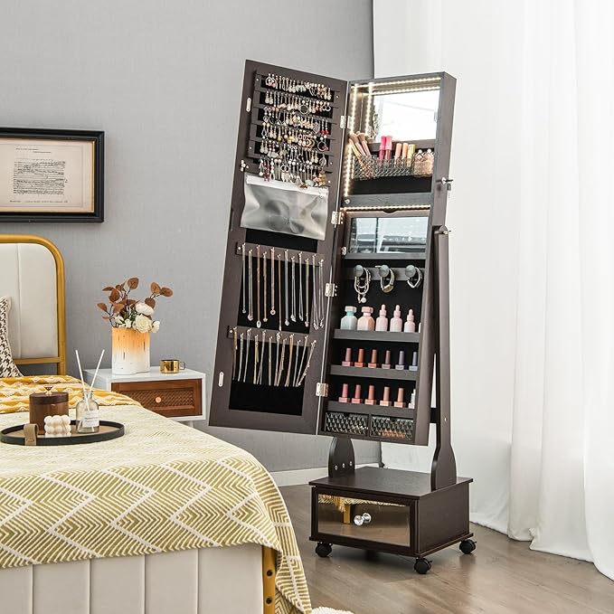 GOFLAME Standing Jewelry Cabinet Armoire with Wheels, Lockable Jewelry Storage Organizer with Full Length Mirror, 3-Color LED Lights, Interior Makeup Mirror, Jewelry Armoire for Bedroom (Brown)
