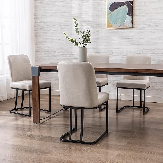 Grey PU Leather Dining Chairs Set of 4 Mid Century Modern Comfortable Dining Room Chair with Curved Backrest, Upholstered Kitchen Side Chairs with Black Metal Legs