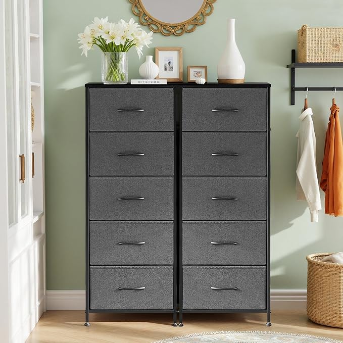 Nightstand, 5 Drawer Dresser End Table Bedside Furniture with Wooden Top Steel Frame Fabric Bins for Bedroom, Closet, Entryway, Dorm, Living Room, Gray