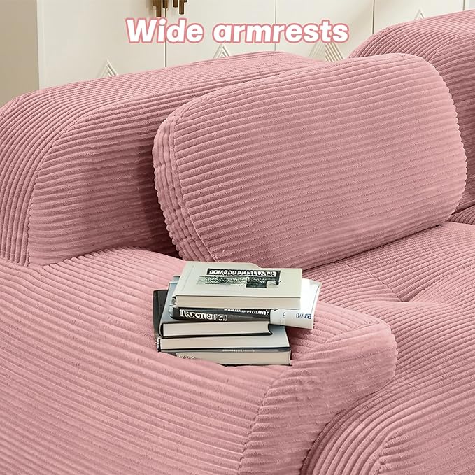 80" Modern Compressed Boneless Love Seat Couches with 2 Ottomans, 2 Seater Large Sectional Couches for Living Room, Pink Corduroy Cloud Modular Sectional Sofa, Memory Foam, Deep Loveseat, No Assembly