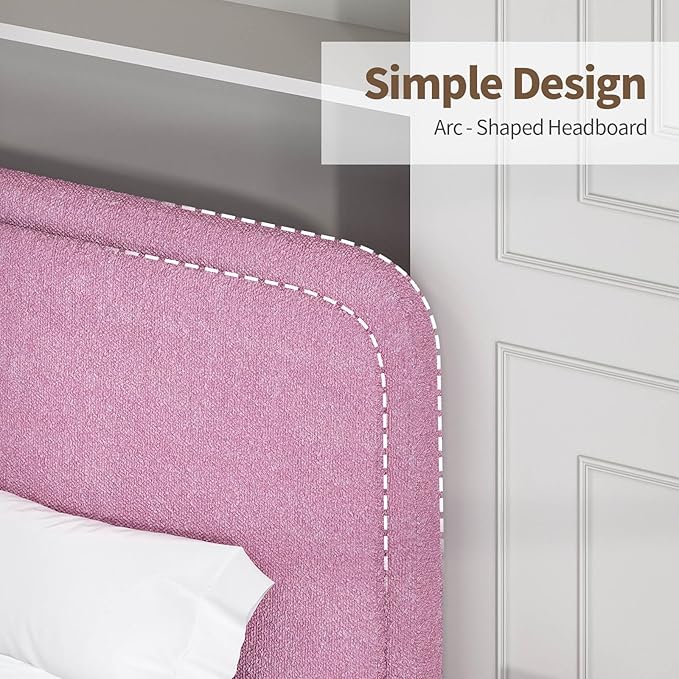 BarnFurin Full Size Bed Frame with Headboard, Boucle Upholstered Platform Bed Frame, Modern Style, Soft Rounded Corners, No Box Spring Required, Easy Assembly, Rose Pink