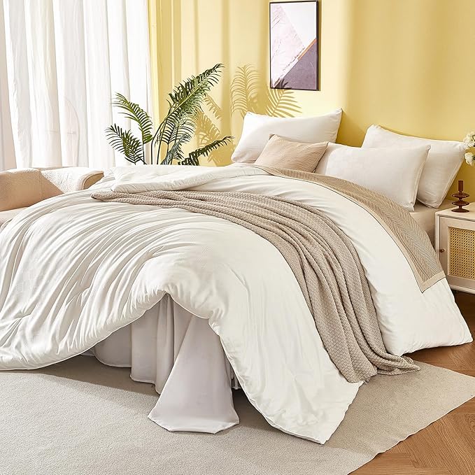 King Comforter Set - White Waffle Checkered Bedding, All-Season Lightweight Breathable Textured Thermal-Regulating Design, Pillowcases Combo for Year-Round Comfort