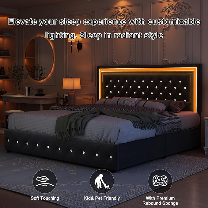 Queen Bed Frame with LED Lights, Storage Drawers, No Box Spring Needed, 900 lbs Capacity, Easy Assembly, Velvet Grey