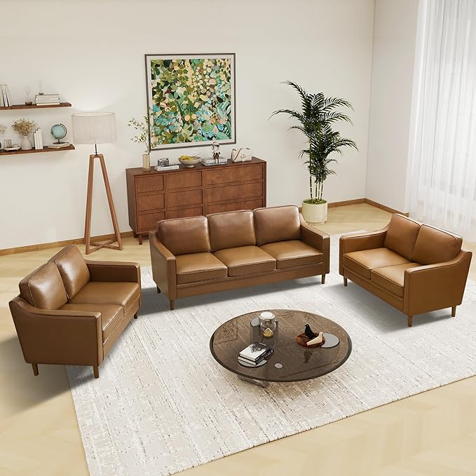 Kingfun Living Room Furniture Sets, Armchair and 2 Loveseat, Mid Century Modern Sofa Set, Faux Leather Couch with Solid Wood Frame for Living Room & Bedroom, Brown