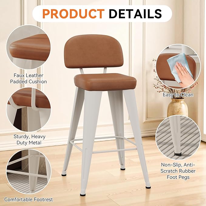 Aklaus PU Leather Metal Bar Stools 30 inch Faux Leather Bar Height Barstools Set of 2 Modern Farmhouse Bar Chairs with High Backs and Faux Leather Seat for Kitchen Island Dining Room White Brown