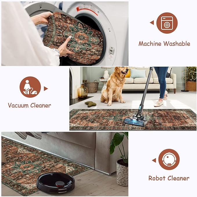 Moynesa Ultra-Thin Washable Vintage Area Rug - 5x7 Large Boho Non-Slip Rug for Bedroom Living Room Oriental Medallion Non-Shedding Print Floor Carpet for Dining Room Home, Brick Red/Dull Teal