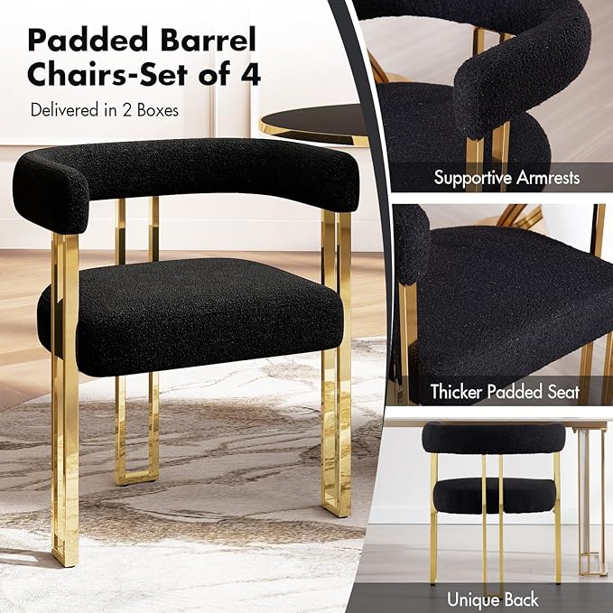 Set of 4 Modern Black Boucle Dining Chairs with Gold Metal Legs, Mid Century Accent Upholstered Barrel Armchairs with Open-Back for Kitchen, Dining Room, Living Room, Apartment