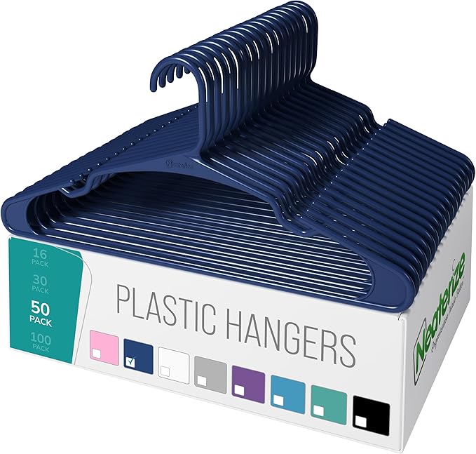 NEATERIZE Clothes Hangers 50 Pack Navy - Plastic Hangers - Ganchos Colgar Ropa
