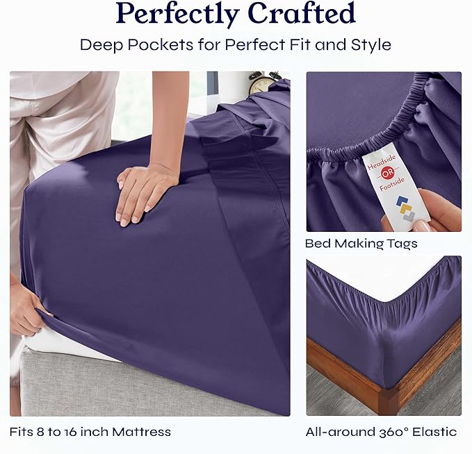 California Design Den Natural 100% Cotton Sheets, Soft Queen Sheet Set, 400 Thread Count Sateen, Deep Pockets with All-Around Elastic for a Snug Fit, Cool & Durable Bedding Set - Dark Purple