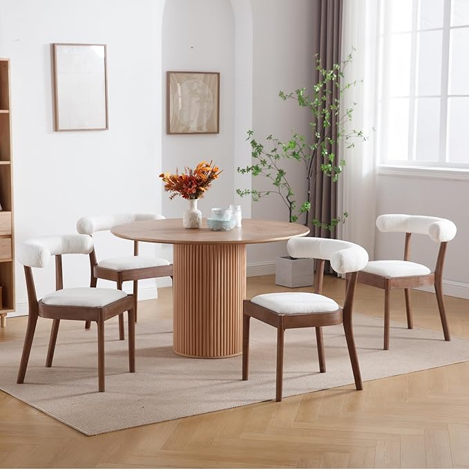 Kmax Dining Room Chairs Mid-Century Modern Sherpa Kitchen Chairs with Natural Walnut Finished Frame, Fur Curved Back, Set of 2, White