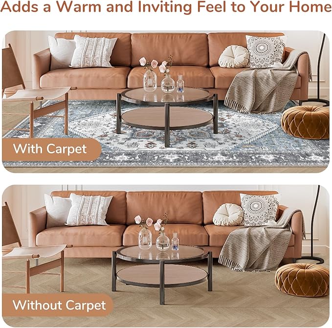 OPPODREAM Thin Area Rugs 5x7, 5x7 Washable Rug with Non Slip Backing, 5 x 7 Faux Cashmere Low-Pile Carpet, Grey & Teal & Yellow