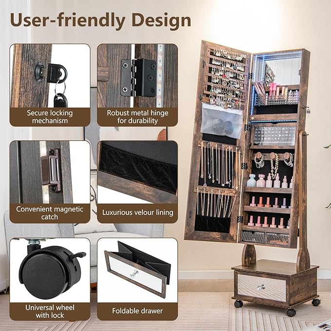 GOFLAME Standing Jewelry Cabinet Armoire with Wheels, Lockable Jewelry Storage Organizer with Full Length Mirror, 3-Color LED Lights, Interior Makeup Mirror, Jewelry Armoire for Bedroom (Rustic Brown)