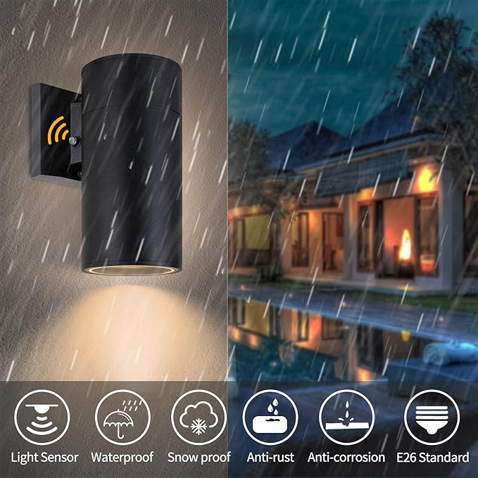 Dusk to Dawn Sensor Outdoor Wall Light, Exterior Lighting -ETL Listed, Aluminum Anti-Rust Waterproof Wall Mount Cylinder Design, 1-Direction Up or Down Light Fixture for Porch,Patio or Doorway