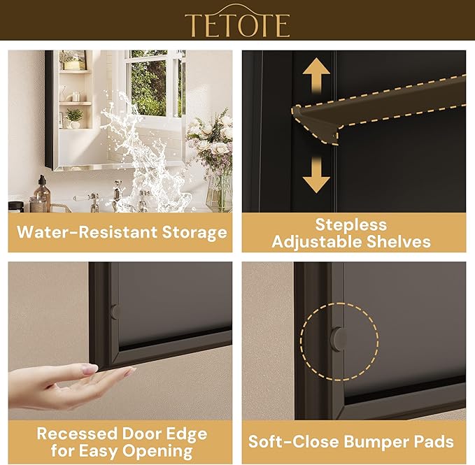 TETOTE 24 x 32 Medicine Cabinet with Mirror with Tempered Beveled Mirror Black Medicine Cabinet Aluminum Cabinet DTC Hinges, Stepless Adjustable Shelves, Recessed/Surface-Mounted