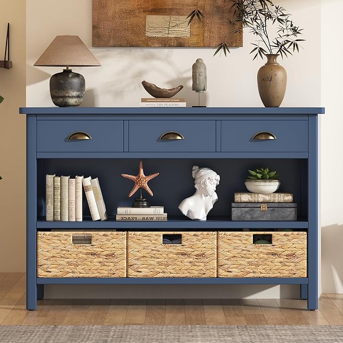 GDFStudio 47" Retro Console Table with 3 Drawers & 3 Water Hyacinth Baskets, Wooden Entryway Buffet Table with Lower Shelf, Vintage Side Board Storage Cabinet for Entryway Hallway Living Room, Navy