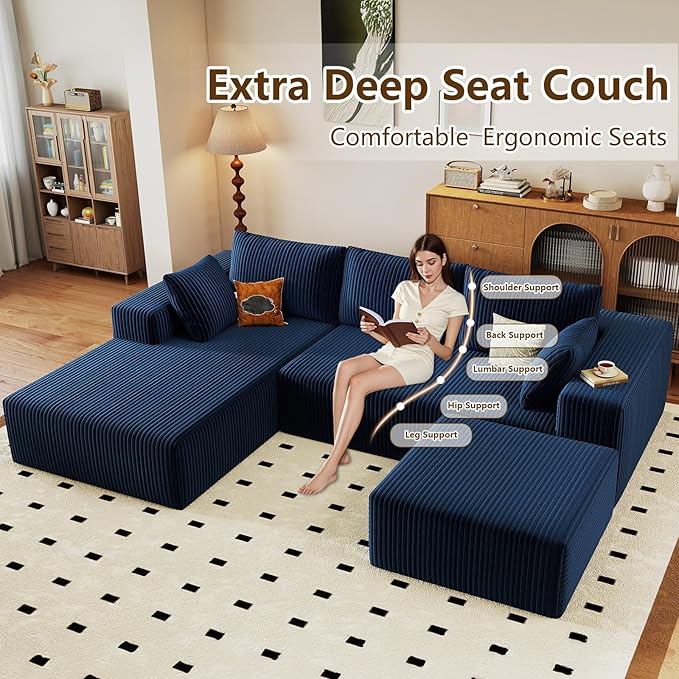96" U-Shape Cloud Couch, Modern Modular Sectional L-Shape Sofa with Ottoman, Corduroy Upholstered Couches Deep Seat Sleeper Chaise Longue for Living Room, No Assembly Required(Blue, Left Facing)