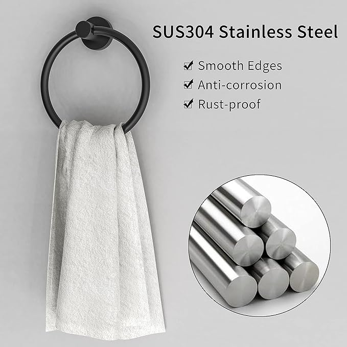 Matte Black Towel Ring, Hand Towel Holder for Bathroom Kitchen Modern Rounded Base Wall Mount SUS304 Stainless Steel
