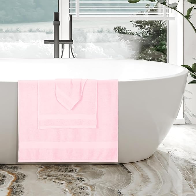 BOUTIQUO Ultra Soft 3 Pack Cotton Towel Set, Contains a Bath Towels 27x54 inch, a Hand Towels 16x24 inch & a Wash Coths 12x12 inch, Ideal Everyday use, Compact & Lightweight - Pink