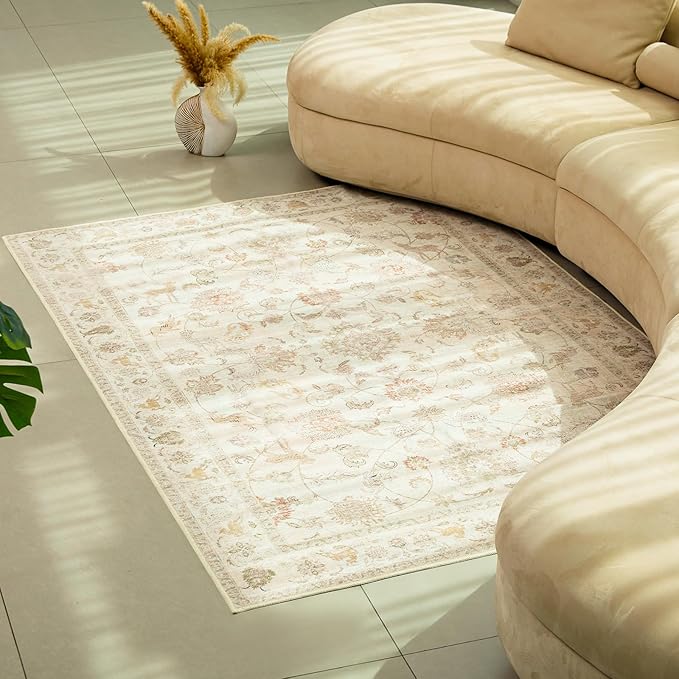 8x10 Soft Washable Area Rugs for Living Room and Bedroom, Non-Slip Stain Resistant Indoor Carpet, Cozy Floor Mat for Dining Room, Office, Under TableStain Resistant Persian Beige Floral