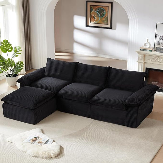 111" Cloud Sectional Couch with L-Shaped Chaise, Corduroy Sectional Sofa with Ottoman, Boneless Couch with Deep Seat in a Box for Living Room, No Assembly Required (Black)