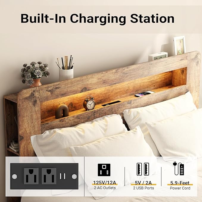 Wood Queen Size Bed Frame with Headboard, Farmhouse Platform Bed Frame with Bookcase Shelf,LED Lights,Charging Station,Heavy Duty Supports,No Box Spring Needed,Dark Brown