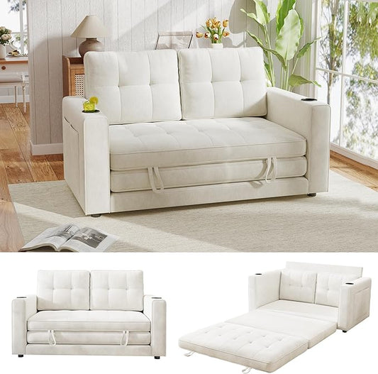 Convertible Sofa Bed, Pull Out Loveseat Sleeper Sofa, 2 in1 Folding Couch Bed Floor Sofa Couch for Small Spaces, Fold Out Floor Bed with Pillows for Living Room Bedroom - Beige