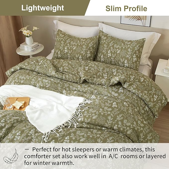 EAVD Fresh Botanical Floral Comforter Set Full Dark Olive Green Soft Microfiber Chic Cute Garden Floral Bedding Comforter Set 1 Full Comforter and 2 Pillowcases Botanical Comforter for All-Season