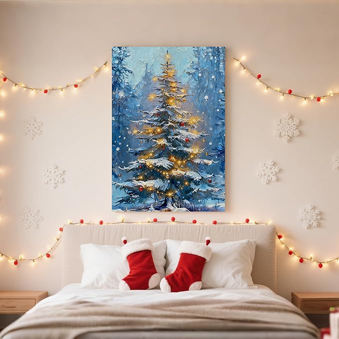 Framed Christmas Pictures Wall Decor,Vintage Pine Tree Prints,Winter Christmas Canvas Wall Art Decoration for Bedroom Bathroom Living Room Rustic Xmas Holiday Gifts (Christmas Tree 1, 11'' X 14'')