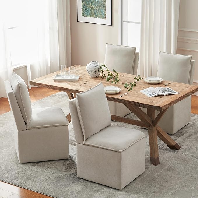 VKNOW Upholstered Dining Chairs Set of 4, Modern Rolling Chairs with Wheels and Storage, Linen Armless Chair with Backrest and Cushion, Dining Room Chairs for Living Room Kitchen Bedroom, Light Grey