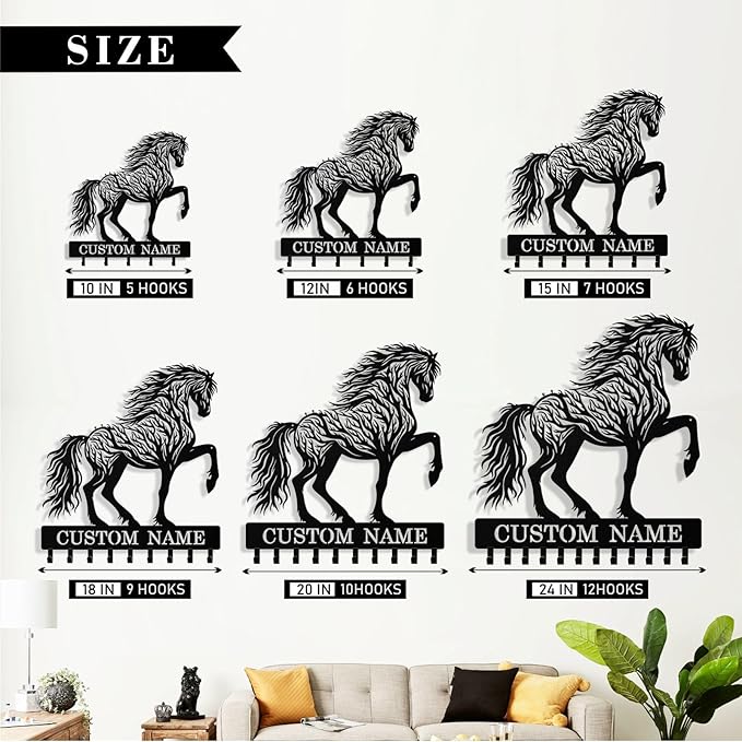 Personalized Horse Key Holder Wall Mount, Custom Metal Keys Hanger for Wall with Name, Custom Key Rack Holder with Hooks for Home, Entryway, Front Door, Living Room, Kitchen, Bathroom
