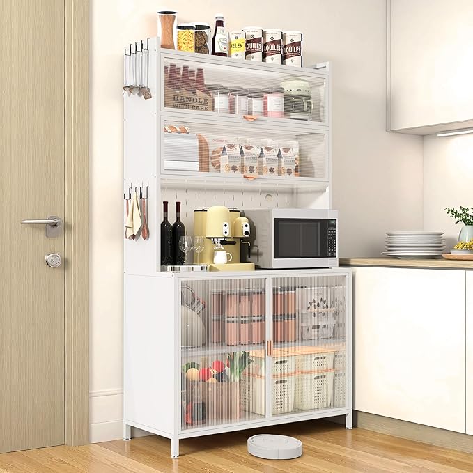 73'' Tall Kitchen Pantry Cabinet, 6 Level Flip Door with Pegboard Metal Pantry Storage Cabinet, Anti-Tip Design Hutch for Kitchen, Dining Room, Living Room (White)