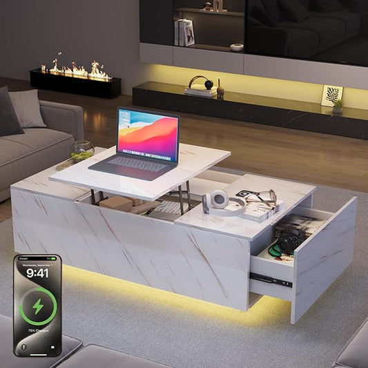 LED Coffee Table, 47.2" Lift Top Coffee Tables with Drawers and Large Storage, Smart Living Room Table with Wireless Charging & Bluetooth Speaker, Dining Center Tables with Storage Shelf