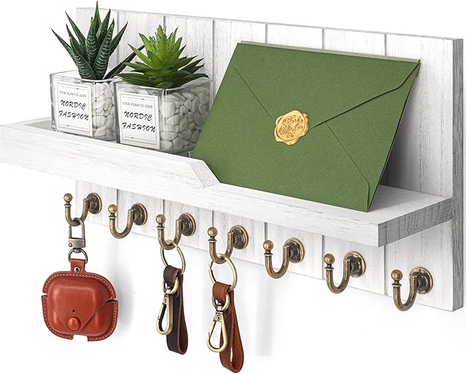 Rebee Vision Decorative Key and Mail Holder for Wall - Farmhouse 15 Inches Floating Shelf with 7 Sturdy Key Hooks for Home Entryway Wall Decor - Rustic Key Racks (White)