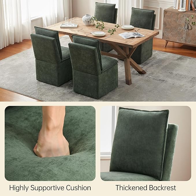 VKNOW Upholstered Dining Chairs Set of 2, Modern Rolling Chairs with Storage and Wheels, Linen Armless Chair with Cushion and Backrest, Dining Room Chairs for Living Room Kitchen Bedroom, Green