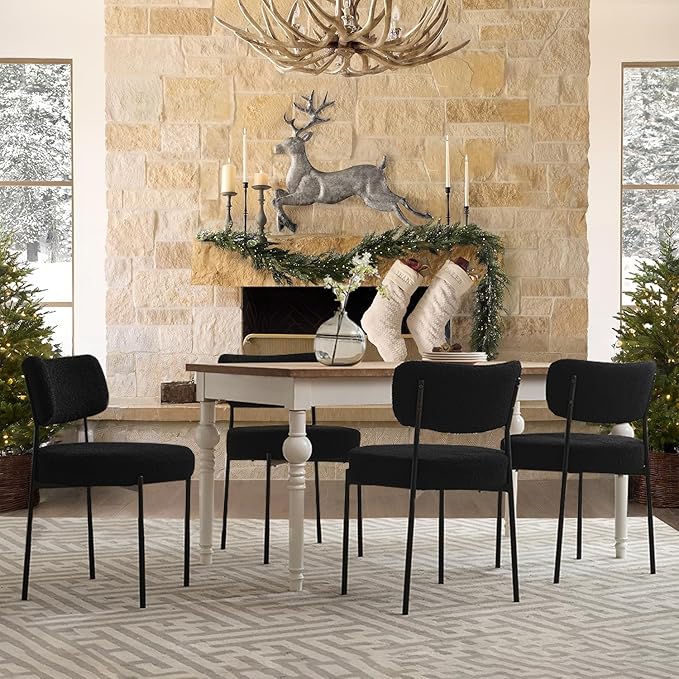 Black Boucle Dining Chairs Set of 8, Upholstered Dinner Chair with Metal Frame, Dining Room Chairs with Padded Seat, Round Modern Seating for Living Room