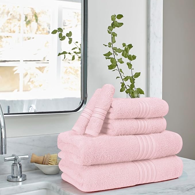 BOUTIQUO 6 Pack Cotton Towel Set, Contains 2 Bath Towels 28x55 inch, 2 Hand Towels 16x24 inch & 2 Wash Coths 12x12 inch, Ideal Everyday use, Ultra Soft Compact & Lightweight - Pink