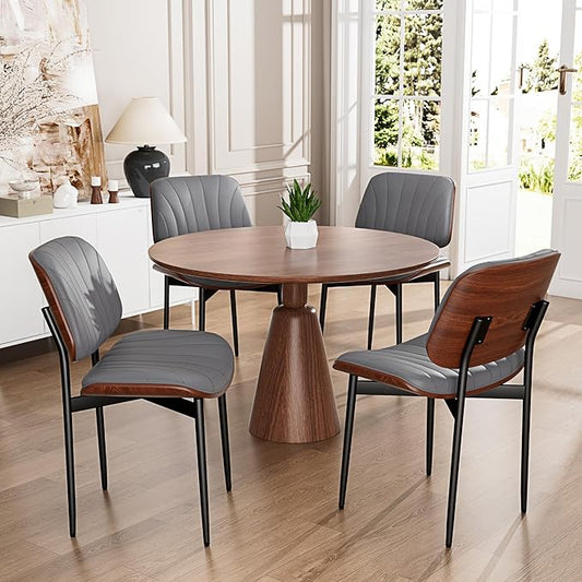 Dining Chairs Set of 4, Dining Room and Kitchen Chairs, Mid Century Modern Accent Chair, Upholstered PU Leather Chairs for Vanity with Walnut Bentwood and Metal Legs, Gray
