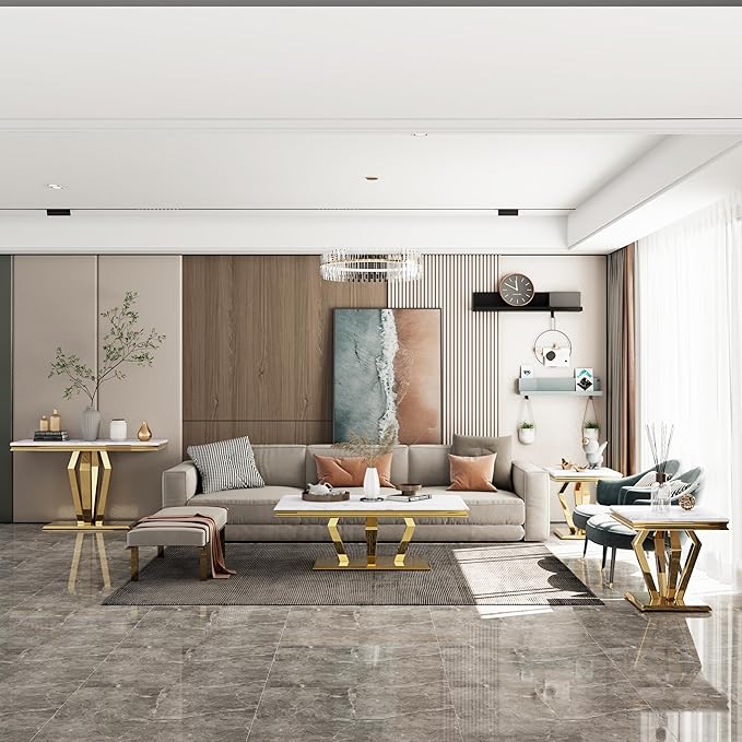 4-Piece Coffee Table Set, White and Gold Living Room Tables with 4 Geometric Bases, 1 Coffee Table + 2 End Table + 1 Console Table for Home Office