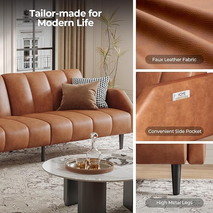 Fadware Faux Leather Couch, Convertible Futon Sofa Bed with Adjustable Backrest, Mid Century Leather Sofa Loveseat with Side Pockets& Metal Leg, Modern Leather Sleeper Sofa for Living Room Bedroom
