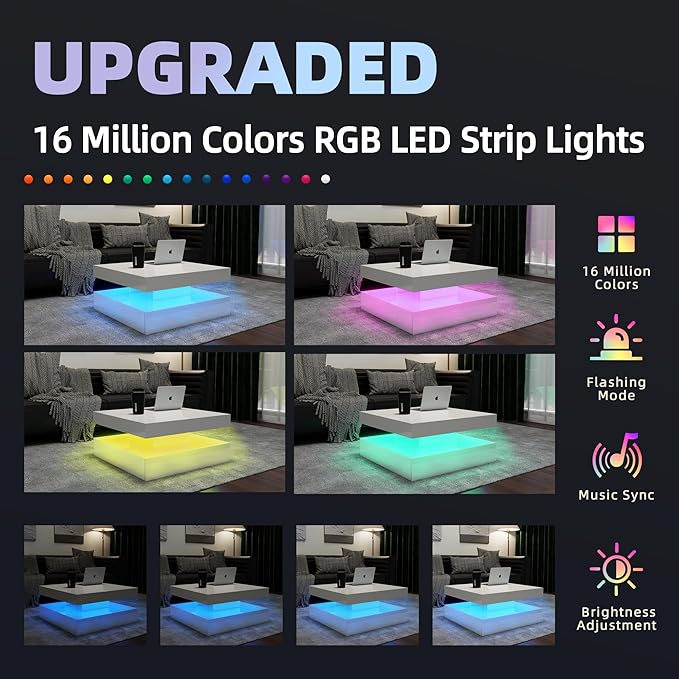 LED Coffee Table for Living Room, 2-Tier Modern Square Center Table with Music Sync Lights, High Gloss Surface, 30 3/4" x 30 3/4" (White)