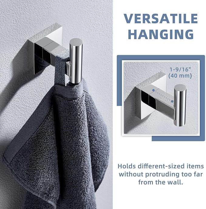 Suyar Bath Towel Hook Polished Chrome, SUS 304 Stainless Steel Modern Shower Robe Holder, Bathroom Coat Towel Hanger Wall Mounted