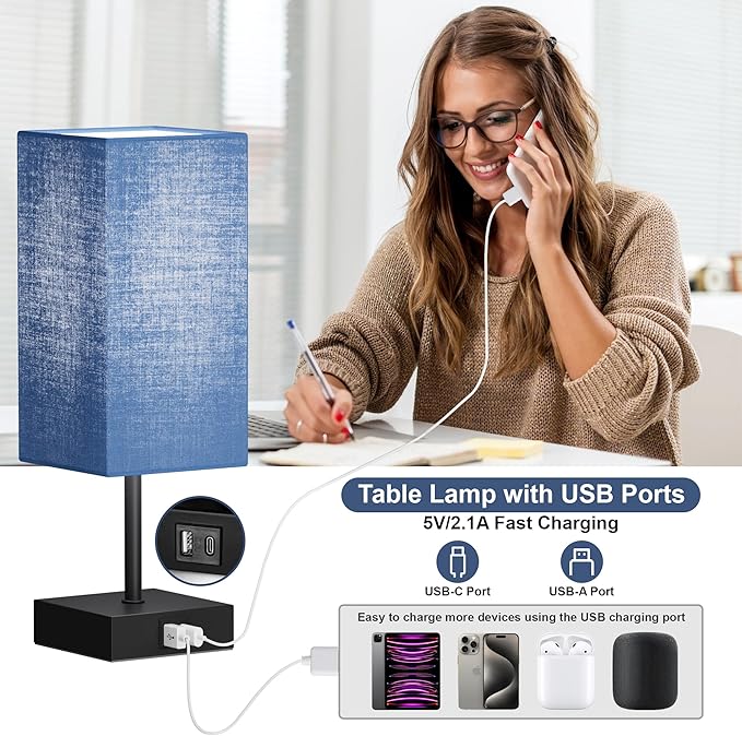 Sailstar Bedside Table Lamp for Bedroom Set of 2, 3 Way Dimmable Touch Lamp with USB C+A Charging Ports, Small Nightand Lamps for Bedroom Decor, Living Room, LED Bulbs Included, Upgraded Navy Blue