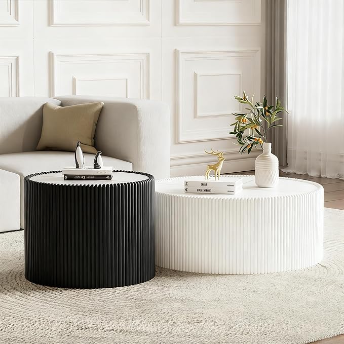 Round Coffee Table Set with Sintered Stone Tabletop, 29.52" White Drum Center Table and 17.71" Black Coffee Table Set, 2 Pieces Living Room Table Set with Fluted PU Leather Cover& Stable Base