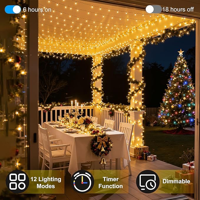 240FT 750LED Christmas Lights,12 Modes Warm White Outdoor String Lights with Timer & Dimmable, Waterproof Green Wire Christmas String Lights for Indoor Tree Xmas Patio Fence Wedding Party Decor