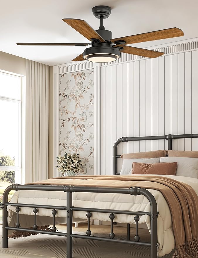 warmiplanet Indoor Ceiling Fans with Lights and Remote Control, 52 Inch, 6 Speeds Reversible DC Motor, 3 Color Dimmable Light, Timer, Noiseless, Black/Dark Walnut, 5-Blades