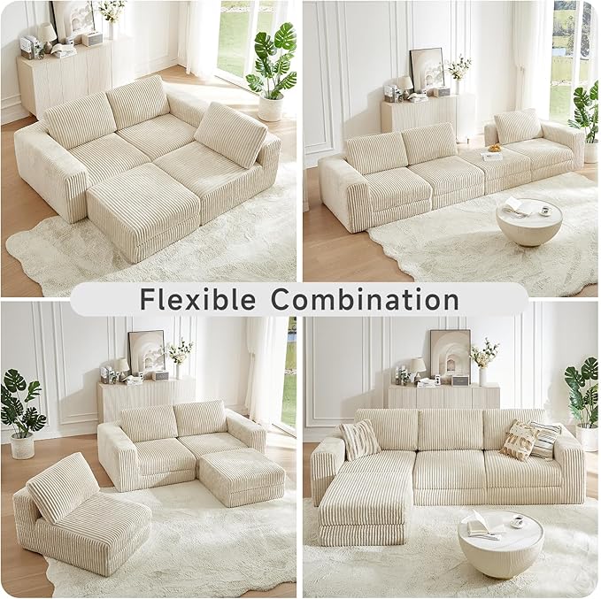 ONBRILL 110" Modular Sectional Sofa,L Shaped Couch 4 Seater with Sleeper Chaise,Upholstered Corduroy Couches for Living Room,Bedroom,No Assembly,Beige