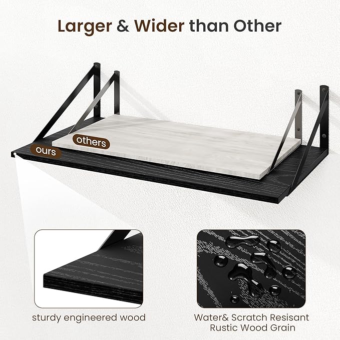 Fun Memories Floating Shelves for Wall, 12 Inch Deep Floating Shelves Set of 2, 16W x 12D Large Wall Shelf with Sturdy Metal Brackets for Living Room, Bathroom, Bedroom and Kitchen, Black
