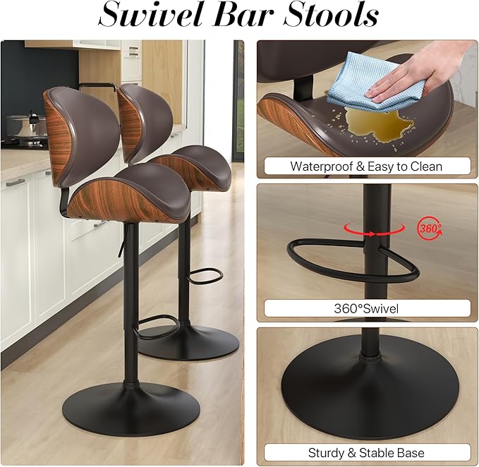 KCC Bar Stools Set of 3, Swivel Adjustable Height Barstools, PU Leather Upholstered Bar Chairs with Footrest, Bentwood Bar Stool for Kitchen, Bar, Dining Room(Brown PU)