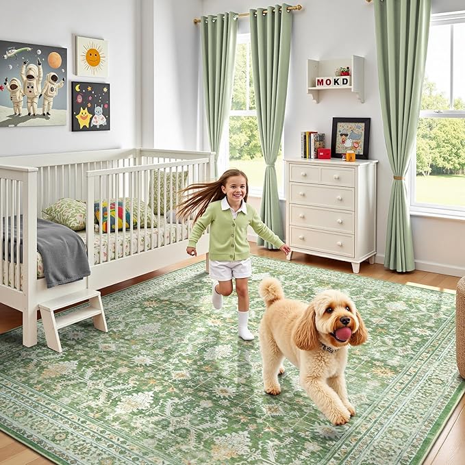 Lofus 5x7 Area Rug for Living Room, Light Green Washable Area Rugs with Non-Slip Backing,Soft Boho Carpets for Bedroom Dining Room Home Office Indoor Nursery